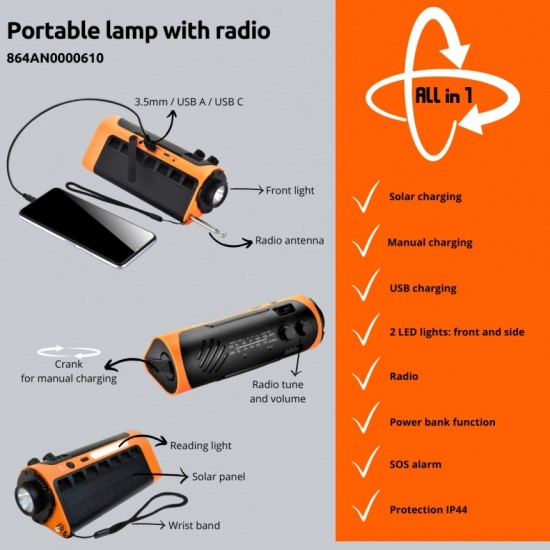 LED соларен преносим фенер с радио 2хUSB аларма SOS 1.3W 6000K 400lm 3.7V/2200mAh Litium Battery IP44