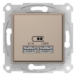 Механизъм USB контакт зарядно 2 USB 2.0 port 5V DC 2.1А серия Sedna титаний