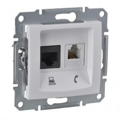 Механизъм розетка двойна за компютър RJ45 cat5e UTP + телефон RJ11 серия Sedna бял