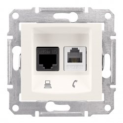 Механизъм розетка двойна за компютър RJ45 cat5e UTP + телефон RJ11 серия Sedna крем