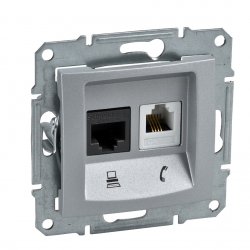 Механизъм розетка двойна за компютър RJ45 cat5e UTP + телефон RJ11 серия Sedna алуминий