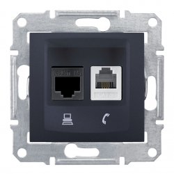 Механизъм розетка двойна за компютър RJ45 cat5e UTP + телефон RJ11 серия Sedna графит
