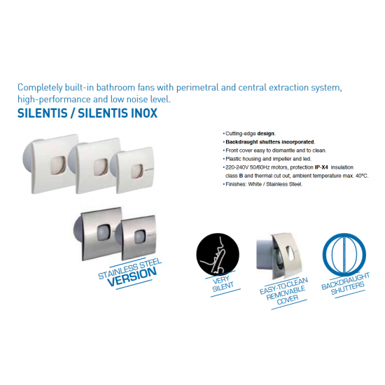 Вентилатор за баня CATA SILENTIS 10 INOX 15W Ø100мм 98м3/ч 37dB с клапа 140х140мм сребрист