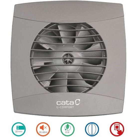 Вентилатор за баня CATA U Comfort-10 INOX 8W Ø100мм 110м3/ч 26dB с клапа 150х150мм ултра тих сребрист
