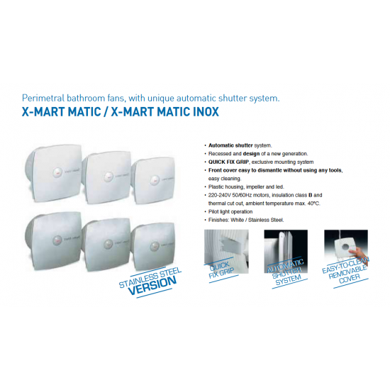 Вентилатор за баня с таймер CATA X-MART 10 MATIC INOX T 15W Ø100мм 98м3/ч 38dB с автоматична клапа 150х150мм сребрист