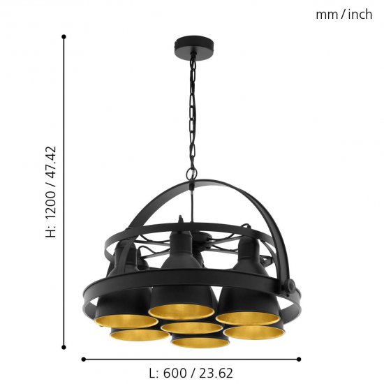 Полилей INDUSTRIAL BACKBARROW 7хE27 max 7х60W IP20 черно + златно