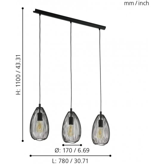 Пендел LOFT CLEVEDON 3xE27 max 3x60W IP20 черeн