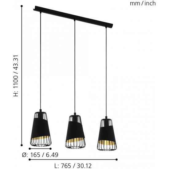 Пендел LOFT AUSTELL 3хE27 max 3х60W IP20 ф16см черeн + златно
