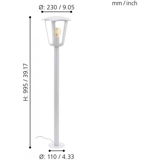 Градински фенер стоящ MONREALE IP44 E27 max 1x60W 100см бял