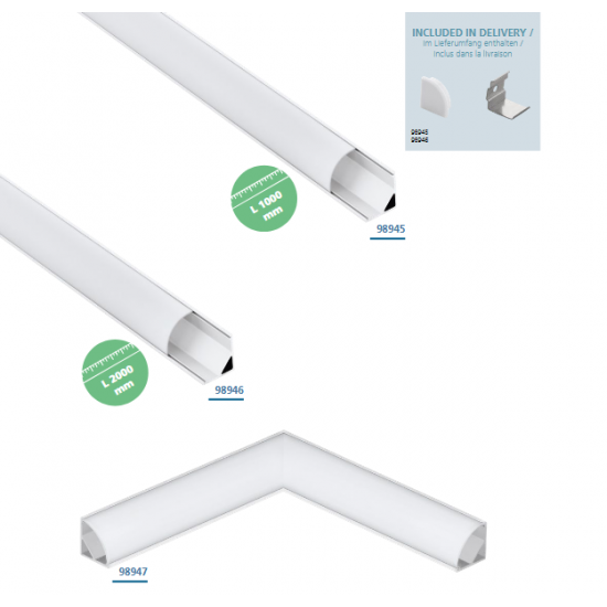 Алуминиев профил за ъгъл за LED лента Corner profile 1 16х16 1м бял + дифузер опал