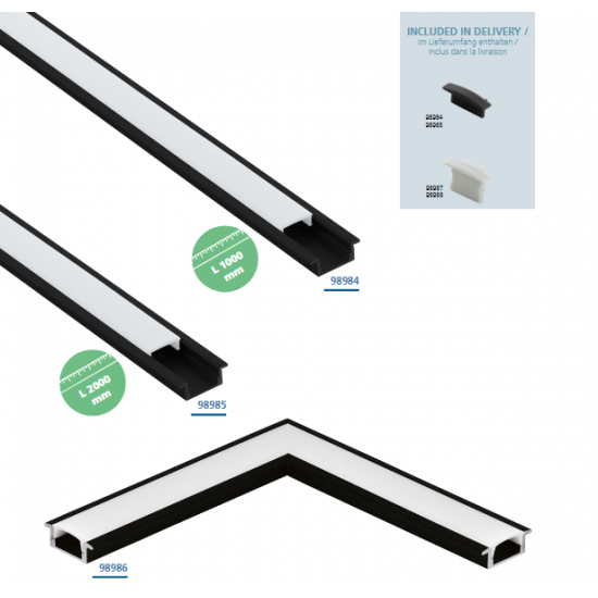 Алуминиев профил за LED лента за вграждане Recessed profile 1 23х9 2м черен + дифузер опал