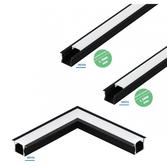 Алуминиев профил за LED лента за вграждане Recessed profile 2 23х15 1м черен + дифузер опал