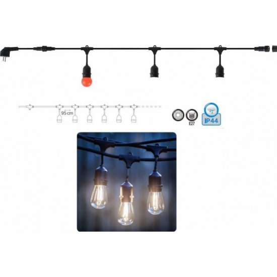 Кабел CARNAVAL-2 IP44 10M 10 фасонки Е27 черен 1.5mm2