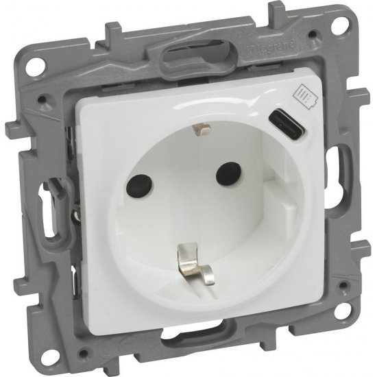 Контакт единичен шуко + USB  тип C серия NILOE бял