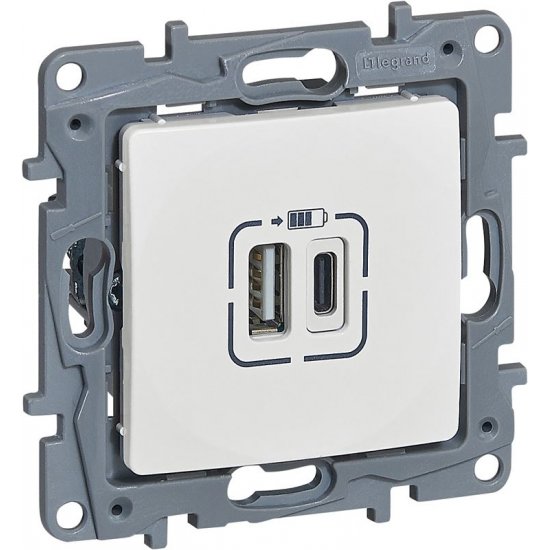 Розетка 2хUSB за зареждане тип А+С 5V 3A 15W серия NILOE бял