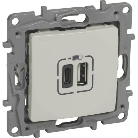 Розетка 2хUSB за зареждане тип А+С 5V 3A 15W серия NILOE крем