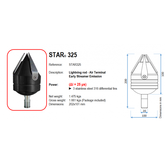 Активен мълниеприемник с изпреварващо действие S.T.A.R. 325 - 25 микро сек.