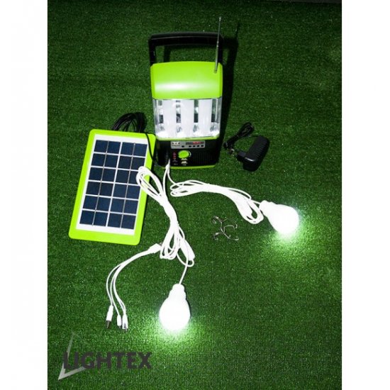 LED соларен фенер преносим с радио 2 лампи х 3W USB port SD карта и с изходи USB + 5V