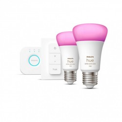LED smart крушки 2 броя Philips HUE стартов комплект A60 Е27 2х9W 3-white + RGB + 16 мил. цвята димируема
