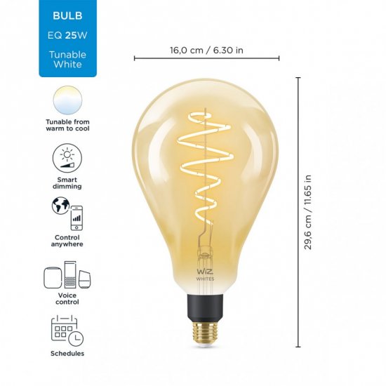 LED smart крушка WIZ Wi-Fi Philips Filament GOLD PS160 Е27 6.5W 3-white 2000-5000K 390Lm димируема CRI>90