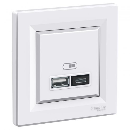 Розетка USB зарядно тип А+С 2xUSB 2.0 port 5V DC max 2.4A серия Asfora бяла