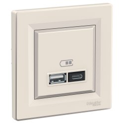 Розетка USB зарядно тип А+С 2xUSB 2.0 port 5V DC max 2.4A серия Asfora крем