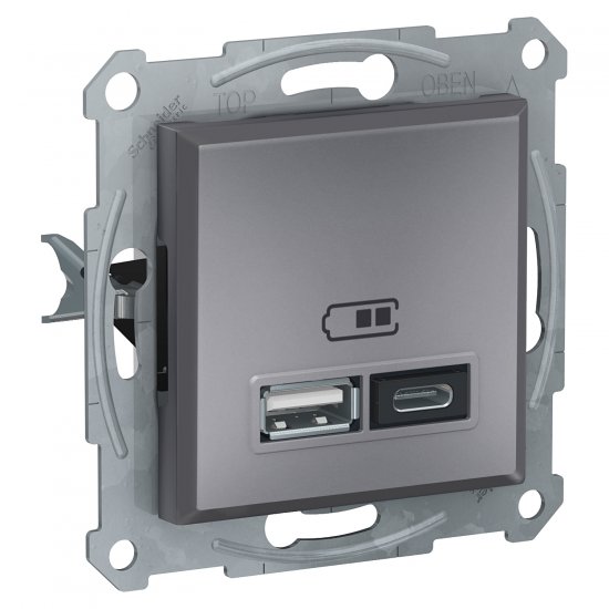 Механизъм розетка USB зарядно тип А+С 2xUSB 2.0 port 5V DC max 2.4A серия Asfora стомана