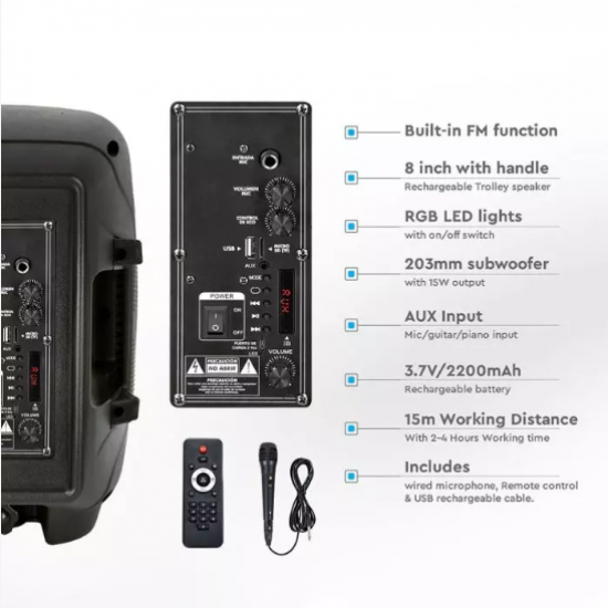 Мобилна Party колона + микрофон VT-6208 15W RGB IP20 + дистанционно управление
