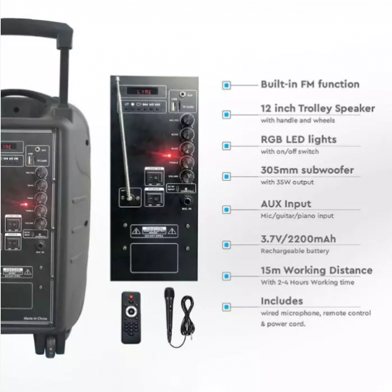 Мобилна Party колона + микрофон VT-6212 35W RGB IP20 + дистанционно управление