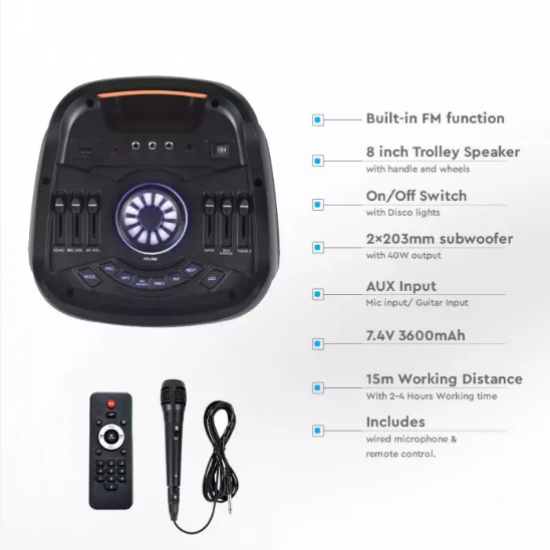 Мобилна Party колона + микрофон VT-6308-2 40W RGB IP20 + дистанционно управление