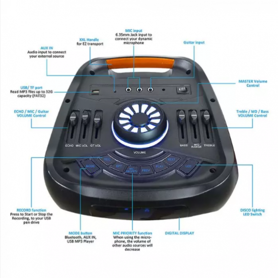 Мобилна Party колона + микрофон VT-6308-2 40W RGB IP20 + дистанционно управление