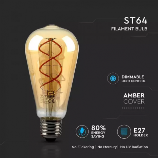 LED крушка Filament ST64 E27 VT-2065D 5W 2200К 300Lm димируема