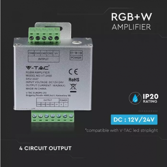 Усилвател за RGB+W лента VT-2408 DC:12V/24V IP20
