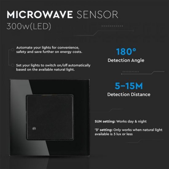 Сензор за движение микровълнов VT-8084-W 180° IP20 max 300W (LED) тип ключ за вграждане черен
