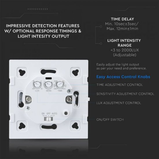 Сензор за движение микровълнов VT-8084-W 180° IP20 max 300W (LED) тип ключ за вграждане черен